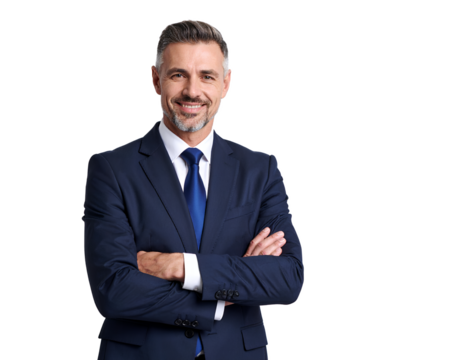 Confident businessman with arms crossed, smiling warmly against a white background.