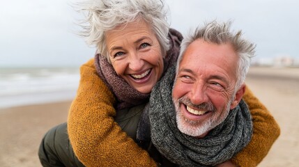 Happy Senior Couple Beach Fun Smiling Joyful Winter Outdoors Romantic Elderly Love Affectionate Relationship Mature Adults Seaside Happiness Grey Hair Cold Weather       
