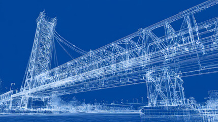 Fototapeta premium A digital blueprint of a bridge design, showcasing intricate lines and structures against a blue background. blueprint base. Illustration
