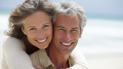 Fototapeta premium Happy Mature Couple Smiling Beach Romantic Elderly Seniors Love Affectionate Togetherness Peaceful Retirement Joyful Summer Day Ocean View Elderly Couple Portrait 