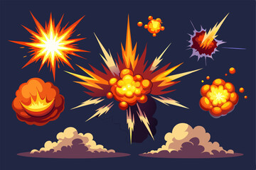 Set of explosion animation effects in flat cartoon style. Ideal for video games, comics, and dynamic design projects. Vibrant vector illustrations for versatile use.