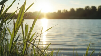 Obraz premium Serene Sunset Over Calm Water with Lush Green Grass in Foreground