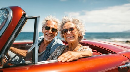 Happy Senior Couple Enjoying a Scenic Coastal Drive in a Classic Red Convertible Car Summer Vacation Retirement Travel Freedom Road Trip Elderly Couple Adventure Sun Sky 