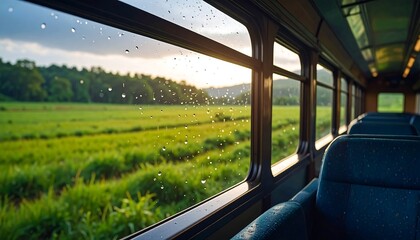 Train window view of a wet field