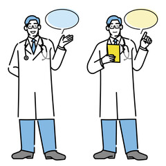 吹き出し付きで説明する医師の全身イラスト（手を広げたポーズ）