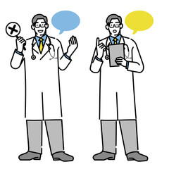説明や注意を伝える医師のイラストセット（吹き出し付き／全身）