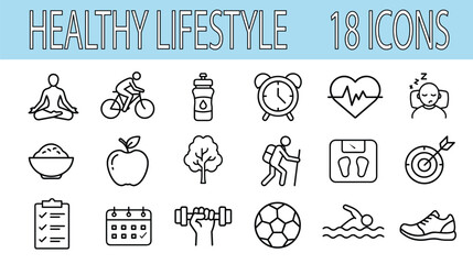 Healthy Lifestyle Vector Icon Set | Outline | Fitness, Wellness, Nutrition, Sleep, Activity