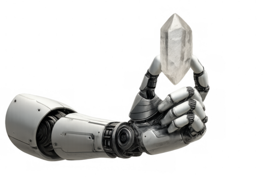 Robotic arm delicately holding quartz crystal, isolated on transparent background, showcasing advanced technology and delicate handling