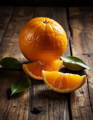 Fresh Orange and Slices on Rustic Wood