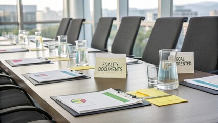 Conference room meeting setup for business strategy and equality documents discussion and goal setting