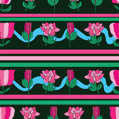 A seamless floral pattern featuring pink blossoms and buds paired with green foliage and subtle stripes. This charming botanical vector background is ideal for textiles, wallpaper, gift wrap, prints.