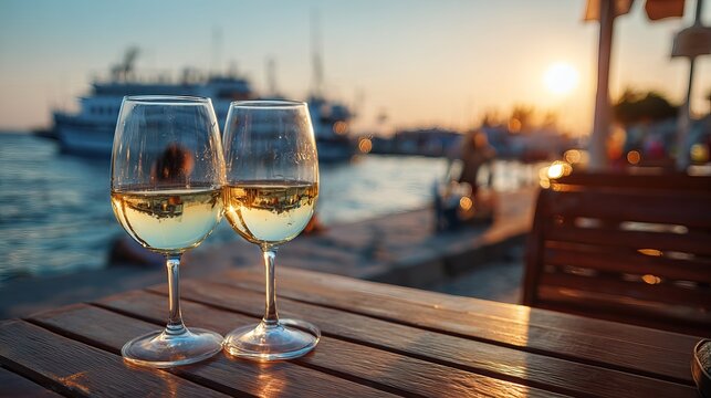 Two Glasses White Wine Sunset Harbor Romantic Summer Evening Luxury Vacation Beach Restaurant Waterfront Dinner Date Relaxation Golden Hour Coastal Scene Calm Peaceful Tranquil     - Powered by Adobe