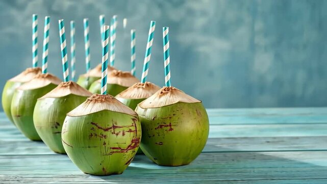 Refreshing young coconuts with straws on a teal table