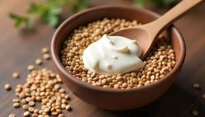 Wooden Spoon Resting on Bowl of Flax Seeds and Creamy Mixture, healthy diet concept, created with generative ai