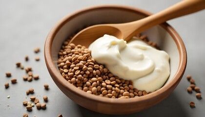 Wooden Spoon Resting on Bowl of Flax Seeds and Creamy Mixture, healthy diet concept, created with generative ai