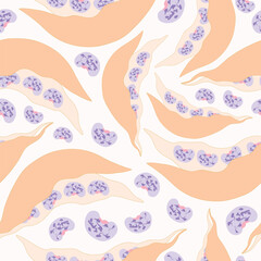 bean pods with purple beans seamless pattern. purple beans with striations in yellow pods seamless pattern. Suitable for fabric, textile, wrapping, decorations, prints and more.