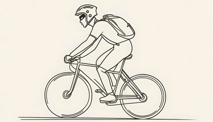 Kids drawing book,  A rider wearing a helmet and backpack is depicted cycling in a minimalist, continuous line style, coloring book for kids, created with generative ai