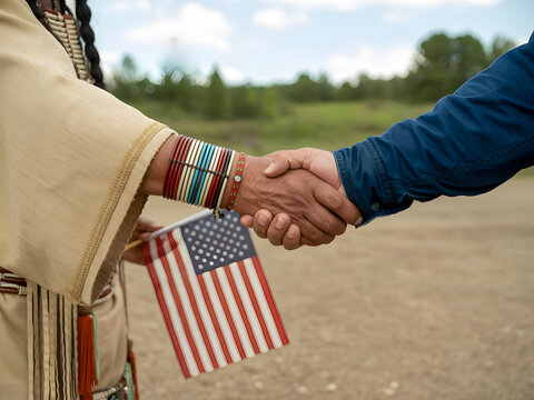 Native American and Caucasian men shaking hands with American flag, unity and reconciliation outdoors