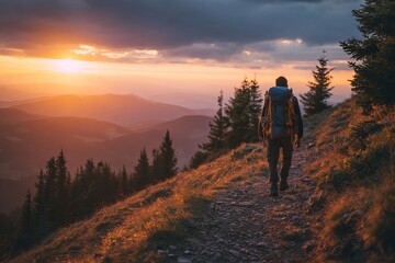 Backpacker silhouette on a mountain trail at sunset, embracing nature and adventurous landscapes in peace and freedom.