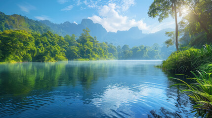 Tranquil lake surrounded by lush green forest in a mountainous region under a bright blue sky