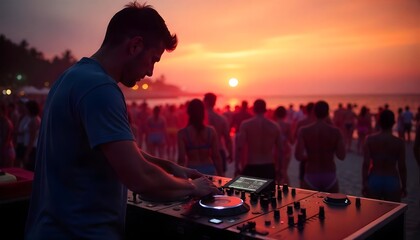 Dj mixing music outdoor beach party festival during sunset. Deejay plays music with crowd of dancing people. Nightlife fun entertainment, vacation summer concert rave event. created with generative ai