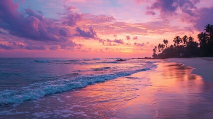 Serene tropical beach landscape featuring waves, palm trees, and a breathtaking pink and purple sunset painting the sky with beautiful light.