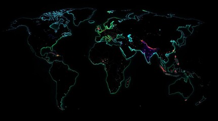 Global connectivity map: The globe pulses with electric energy, revealing global connectivity with a neon, graphic style. A captivating display of interconnectedness.