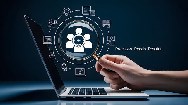 digital marketing concept, a human hand holding a magnifying glass in front of a laptop, Advertisement concept based isometric design with megaphone with laptop, created with generative ai