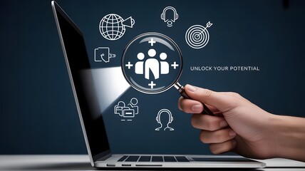 digital marketing concept, a human hand holding a magnifying glass in front of a laptop, Advertisement concept based isometric design with megaphone with laptop, created with generative ai