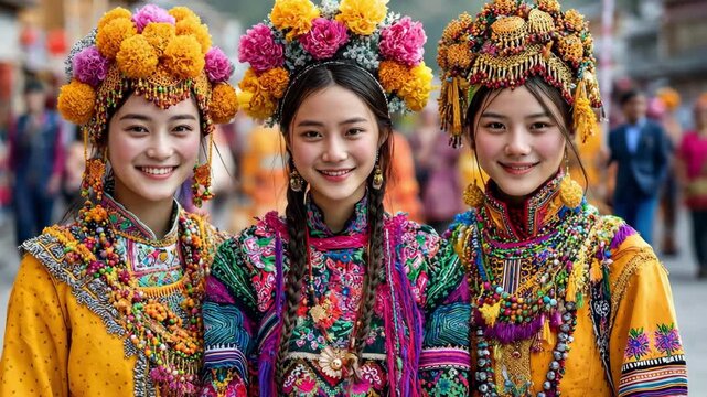 Three young women in vibrant traditional Chinese clothing smile for the camera.