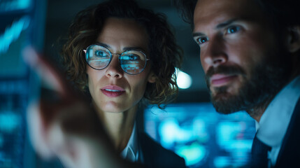 AI-generated Two professional financial business people discussing financial data