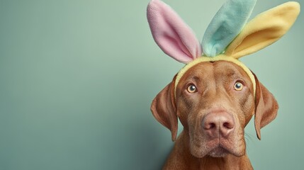Easter Bunny Ears Adorning a Dog on a Pastel-Colored Springtime Setting