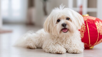 Festive Chinese New Year Celebrations with a Dog Wearing a Red Lantern in a Spotless Indoor Setting