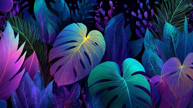 Vibrant botanical illustration featuring neon tropical leaves with a dark backdrop creates a lush jungle ambiance.