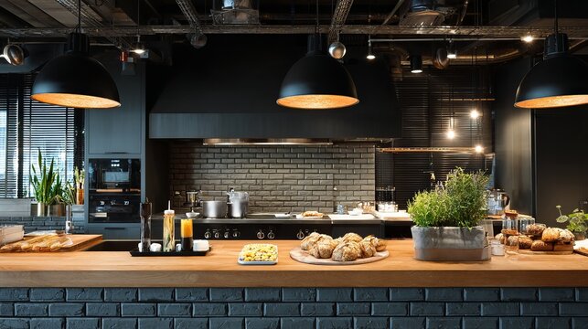Sleek modern kitchen features industrial lighting, brick accents, wood counter, and delectable culinary display creating an inviting and stylish space.