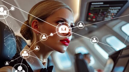 Businesswoman on Airplane with Digital Network Overlay - Powered by Adobe