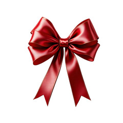 Fototapeta premium Glossy red satin ribbon bow decorative element for gift wrapping, party and holiday decor, isolated on transparent background