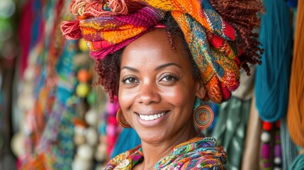 Fototapeta premium African woman with vibrant headwrap smiling in colorful market filled with handmade crafts