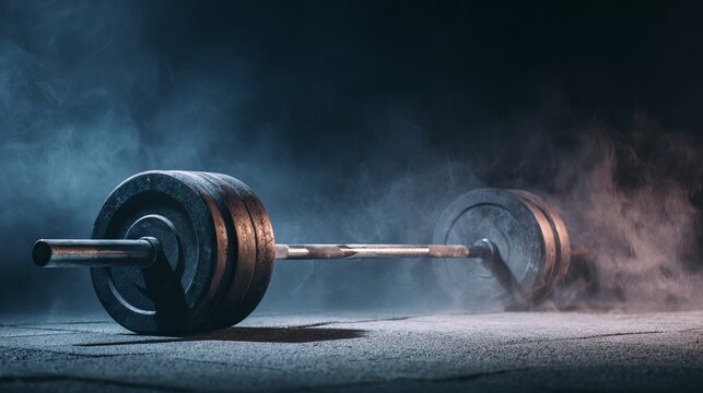 Heavy barbell with weight plates resting on a smoky floor with dramatic lighting conditions and atmosphere.