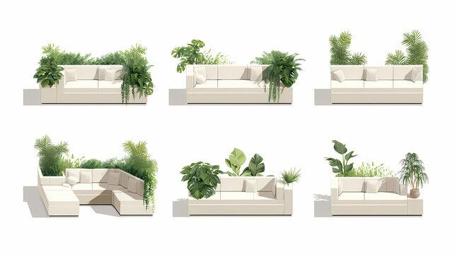 Modern, modular sectional sofas in a minimalist design, arranged in various layouts, accented with lush greenery, ideal for stylish living spaces and contemporary decor inspiration. modular layout.