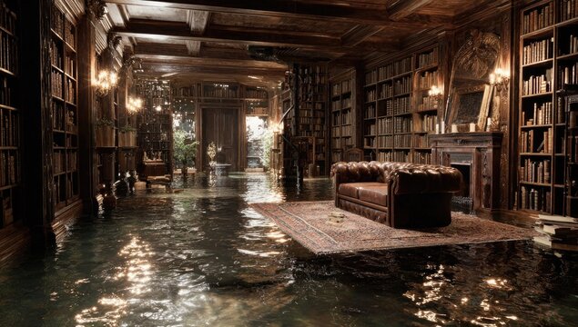Flooded, ornate library, dark wood, water reflecting light