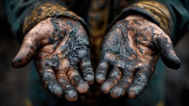 Close up of a worker's dirty hands, covered in thick black oil or tar, highlighting the demanding nature of manual labor and industrial work