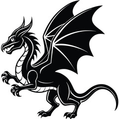 Pure black design of a flying dragon with outstretched wings and curling tail, isolated on white background 