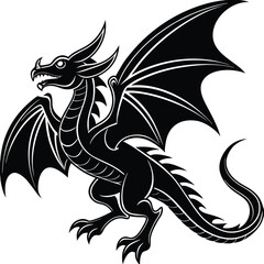Pure black design of a flying dragon with outstretched wings and curling tail, isolated on white background 