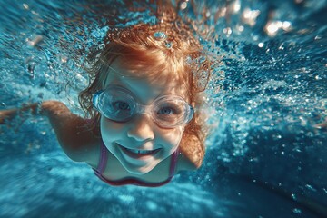 Fototapeta premium Underwater fun: A smiling girl dives into refreshing blue water wearing goggles, embracing summer joy and childhood exuberance.