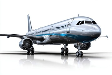 Fototapeta premium Sleek modern aircraft poised for takeoff under bright skies in a bustling airport environment