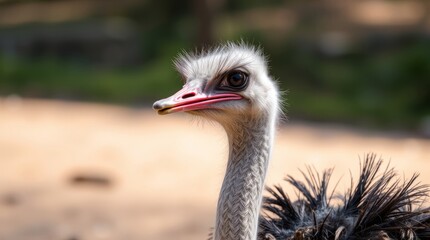 Ostrich's Serene Gaze: A close-up view of an ostrich, capturing the bird's distinctive features. The bird's gaze suggests a mix of curiosity and calmness, making for a striking image.