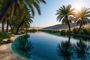 Obraz premium Reflections of tranquility in a serene oasis amidst golden desert sands at sunset