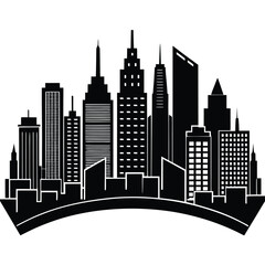 Obraz premium Pure black design of a modern urban landscape with tall skyscrapers, office buildings, apartments, towers, and distant city elements, all isolated on a white background. 