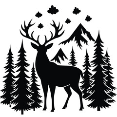  Pure black design of a standing stag with large antlers surrounded by tall pine trees, birds flying in the sky, and mountain peaks in the background